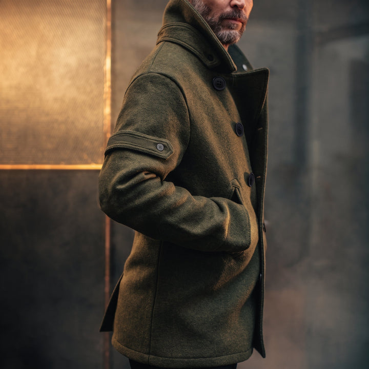 Men's Short Winter Peacoat, Double Breasted High Neck Military