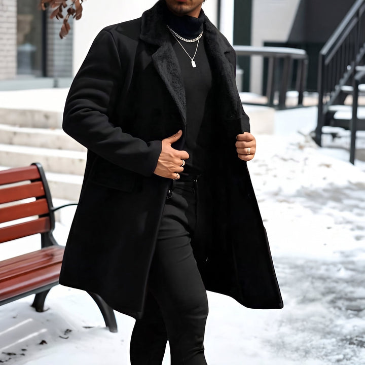 Men's Long Winter Peacoat, Double Breasted Faux Fur Fuzzy Fleece