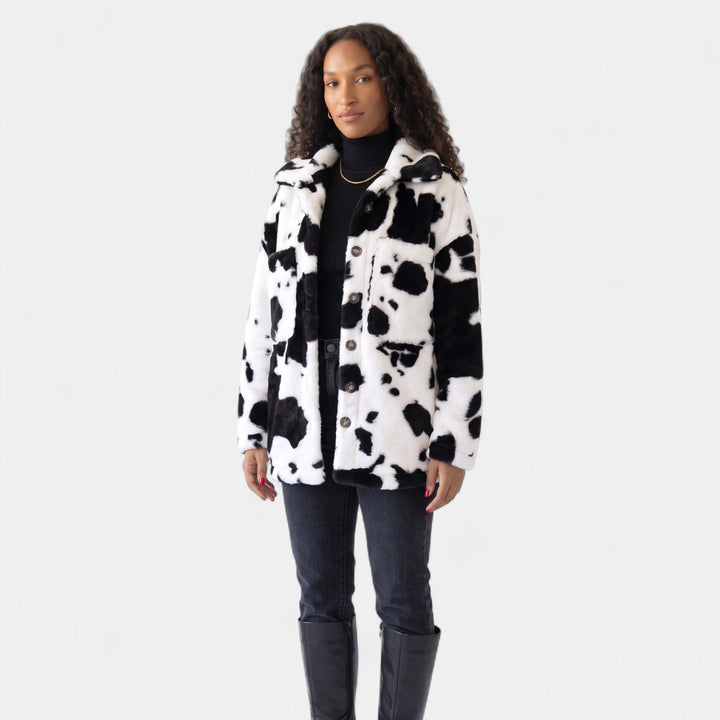 Women's Cow Print Sherpa Jacket, Oversized Button Front Flap Pockets