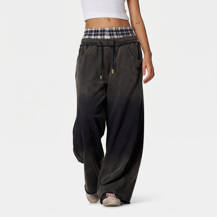 Women's Baggy Low Rise Sweatpants, Plaid Boxer Waistband Raw Hem