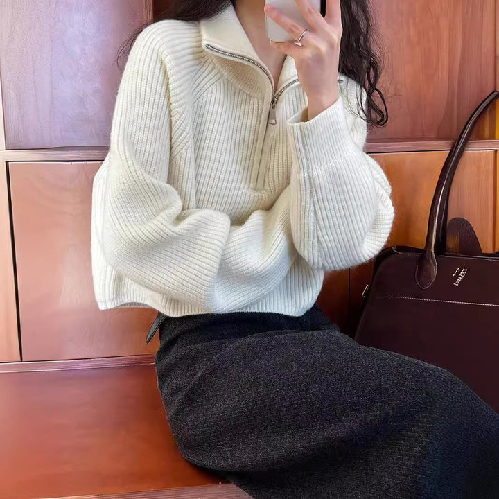 Women's Quarter Zip Sweater, Cropped Ribbed Knit Pullover