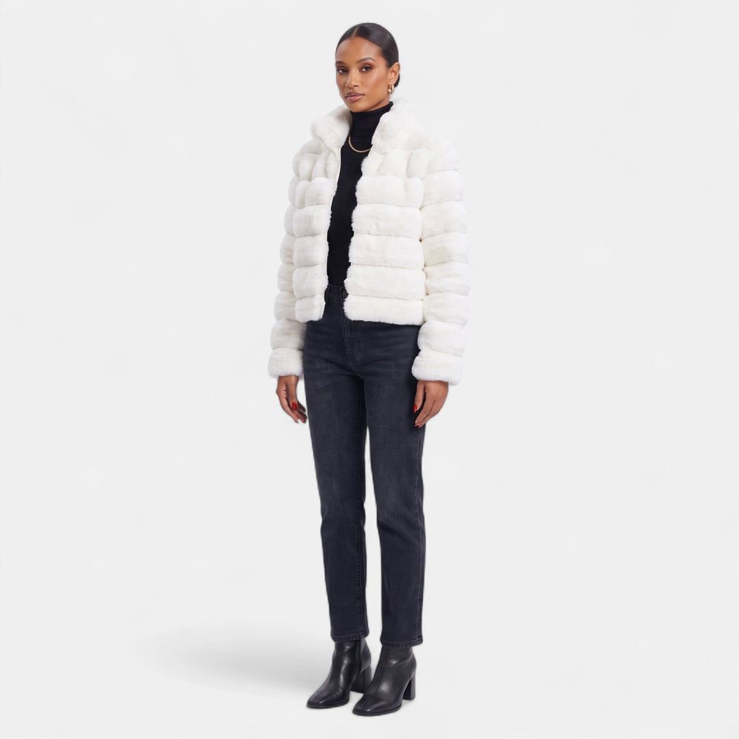 Women's Cropped Faux Fur Coat, Tiered Stand Collar Front Zip