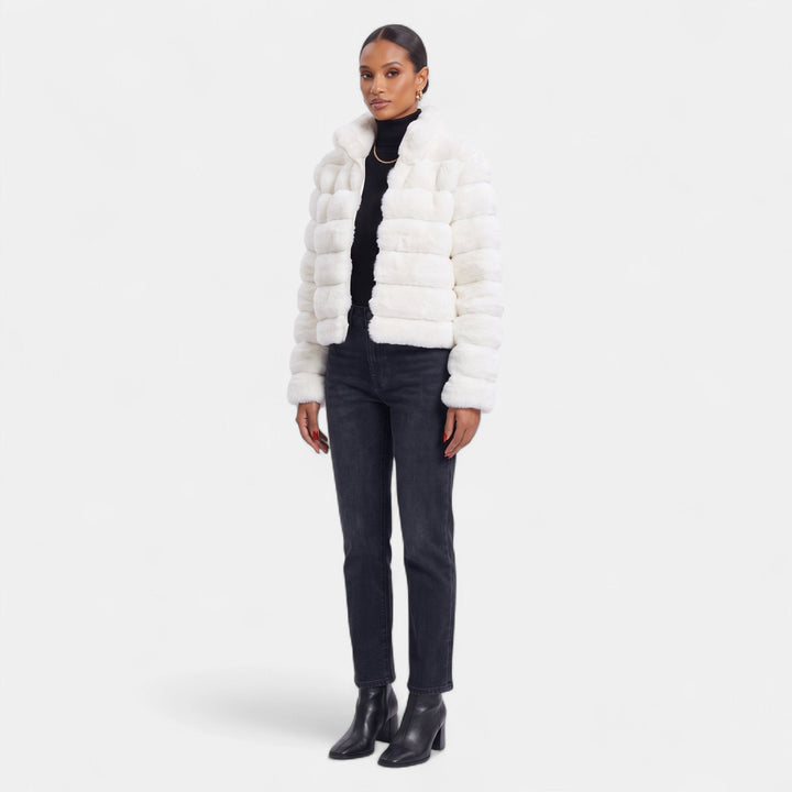 Women's Cropped Faux Fur Coat, Tiered Stand Collar Front Zip