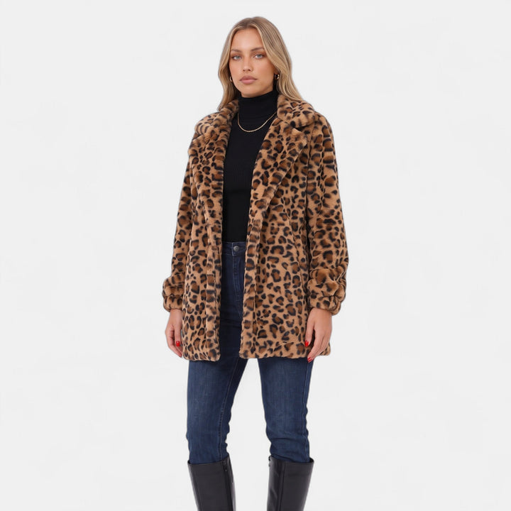 Women's Leopard Print Faux Fur Coat, Mid Thigh Notched Lapel