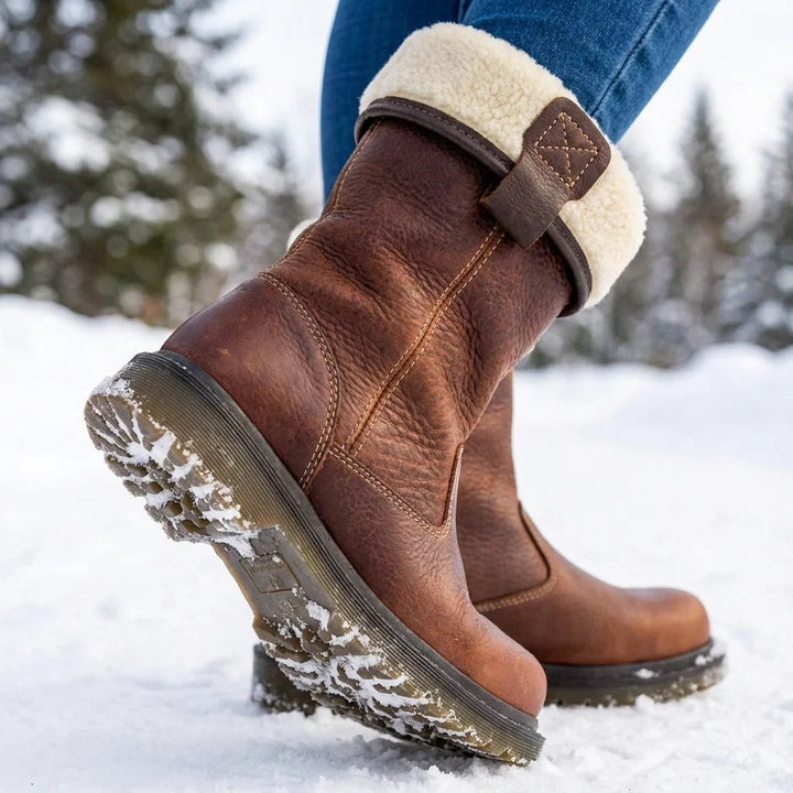 Women's Shearling Brown Boots, Mid Calf Lug Sole Pull On