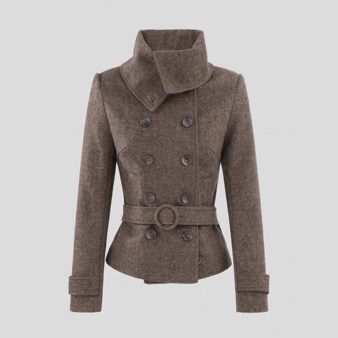 Women's Short Double Breasted Peacoat, High Neck Slim Fit Belted