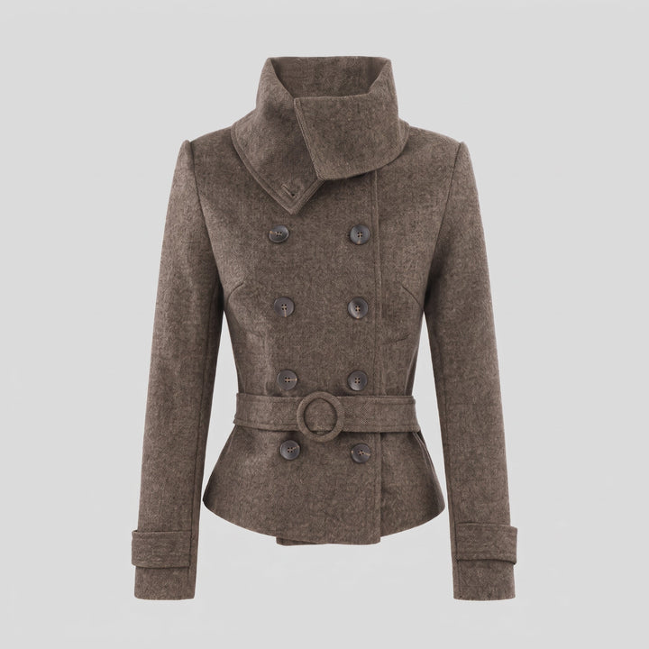 Women's Short Double Breasted Peacoat, High Neck Slim Fit Belted