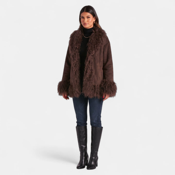 Women's Fuzzy Puffer Jacket Cardigan, Shearling Trim Panels