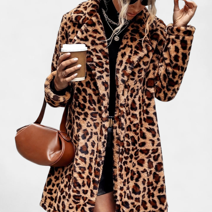 Women's Leopard Print Faux Fur Coat, Oversized Notched Lapel
