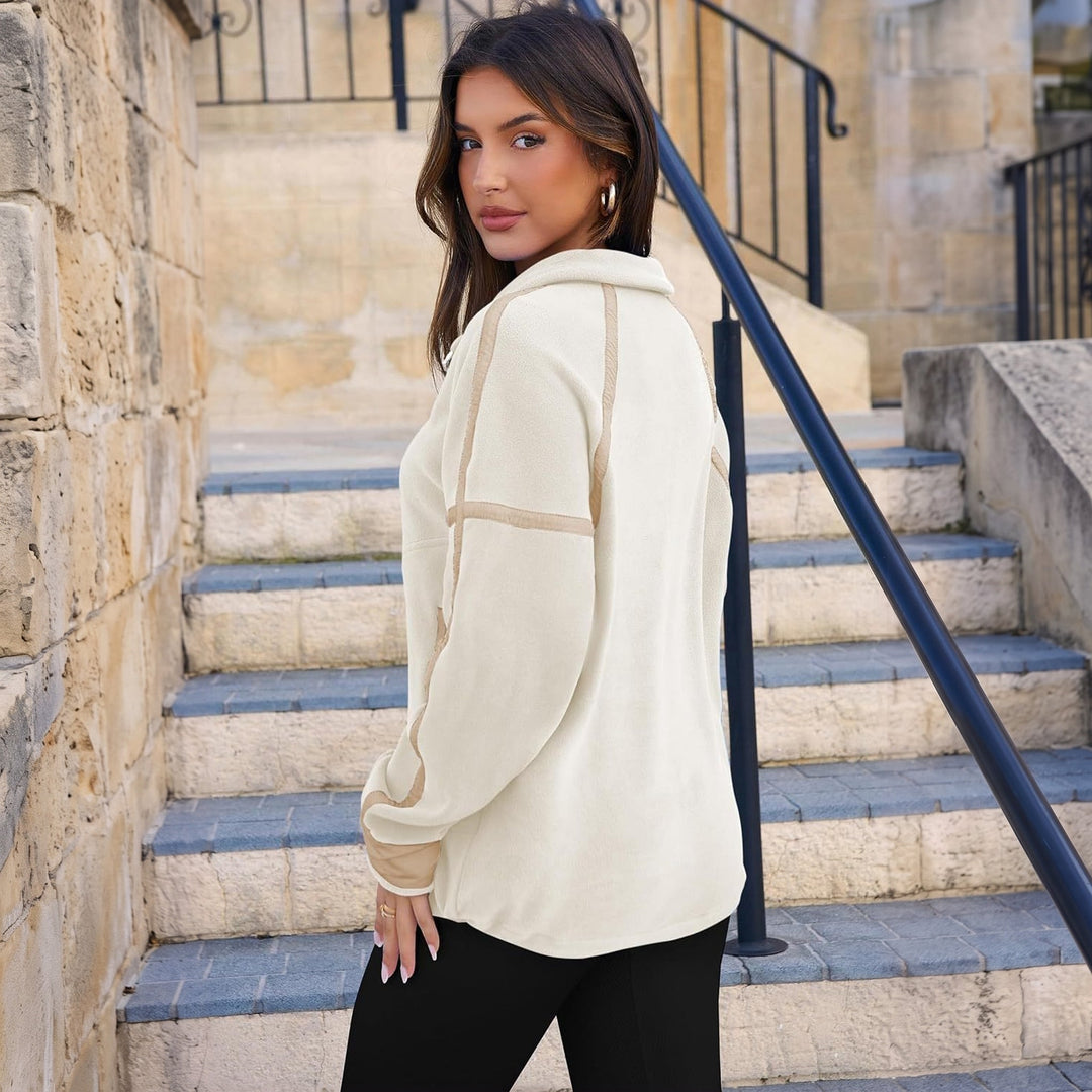 Women's Quarter Zip Sweater, Contrast Trim Mock Neck Pullover