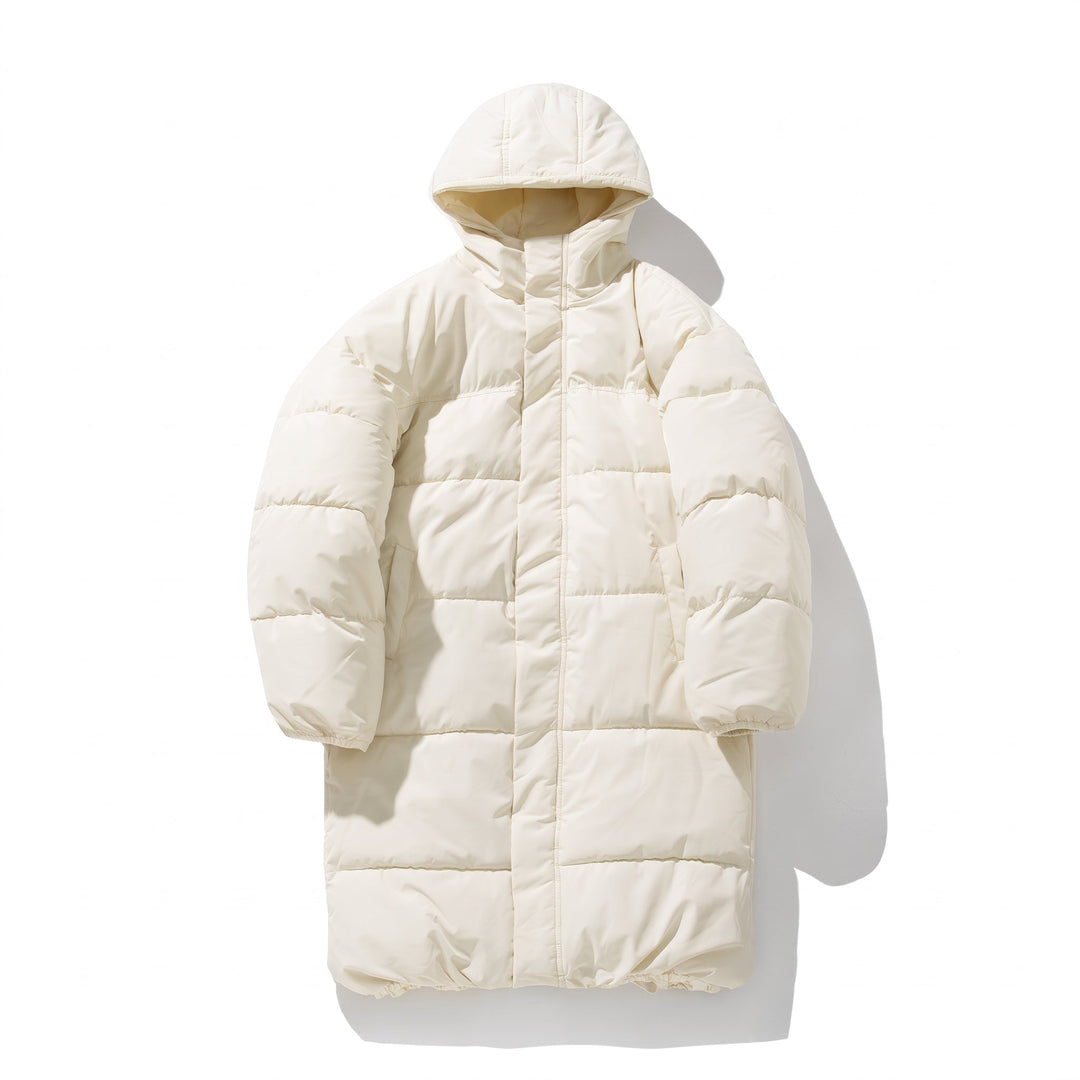 Men's Puffer Jacket, Cream Long Quilted Hooded Mid-Thigh