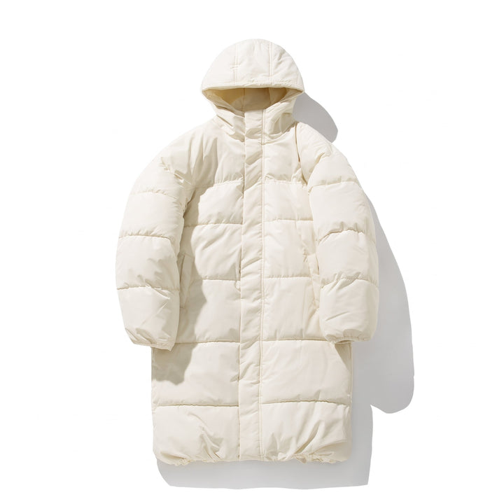 Men's Puffer Jacket, Cream Long Quilted Hooded Mid-Thigh
