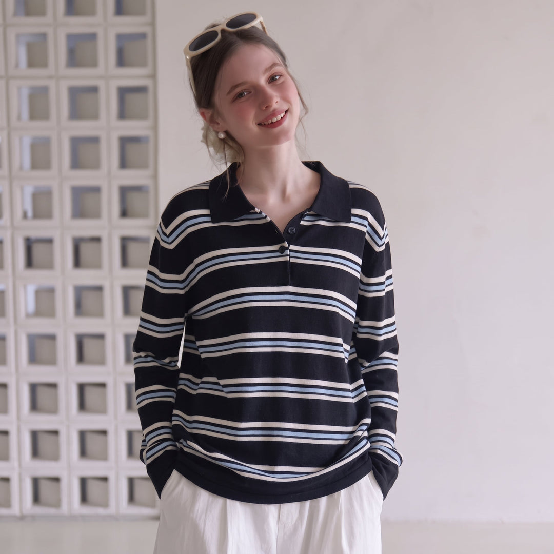 Women's Long Sleeve Polo Rugby Shirt, Knitted Collared Navy
