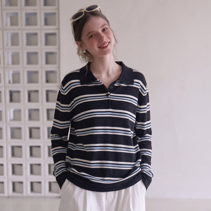 Women's Long Sleeve Polo Rugby Shirt, Knitted Collared Navy
