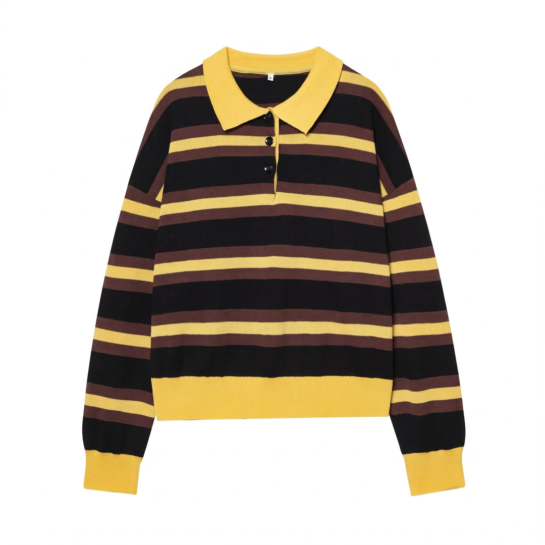 Women's Long Sleeve Polo Rugby Shirt, Navy Knitted Collared Retro