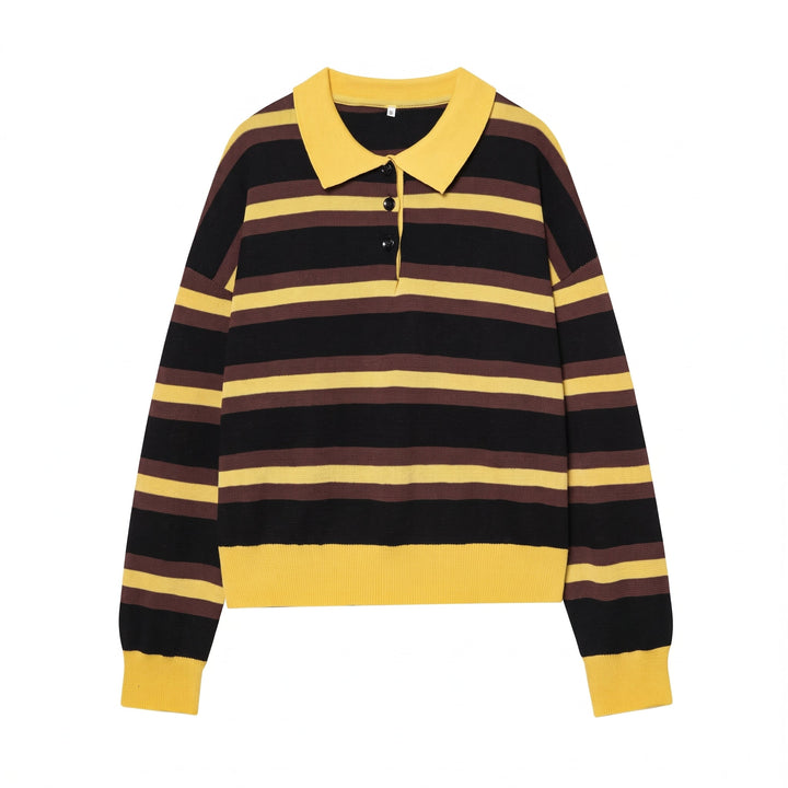 Women's Long Sleeve Polo Rugby Shirt, Navy Knitted Collared Retro