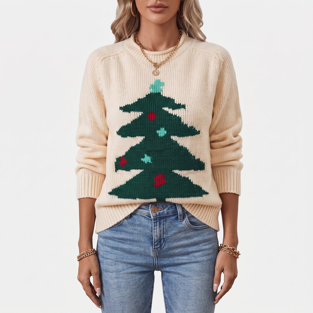 Women's Christmas Sweater, Knit Crew Neck Tree Pullover