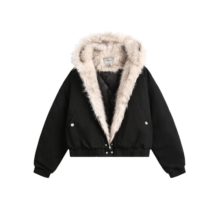 Women's Cropped Winter Puffer Jacket, Padded Hooded Oversize Fur