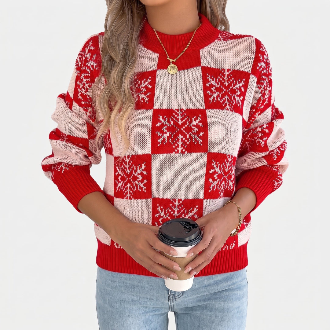 Women's Christmas Sweater, Knit Snowflake Plaid Lantern Sleeve Pullover