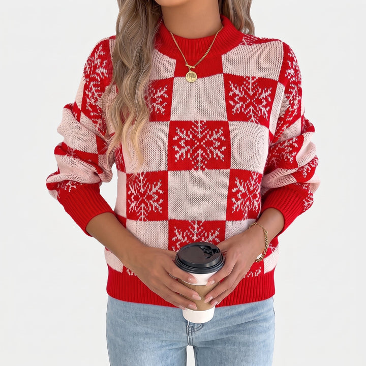Women's Christmas Sweater, Knit Snowflake Plaid Lantern Sleeve Pullover