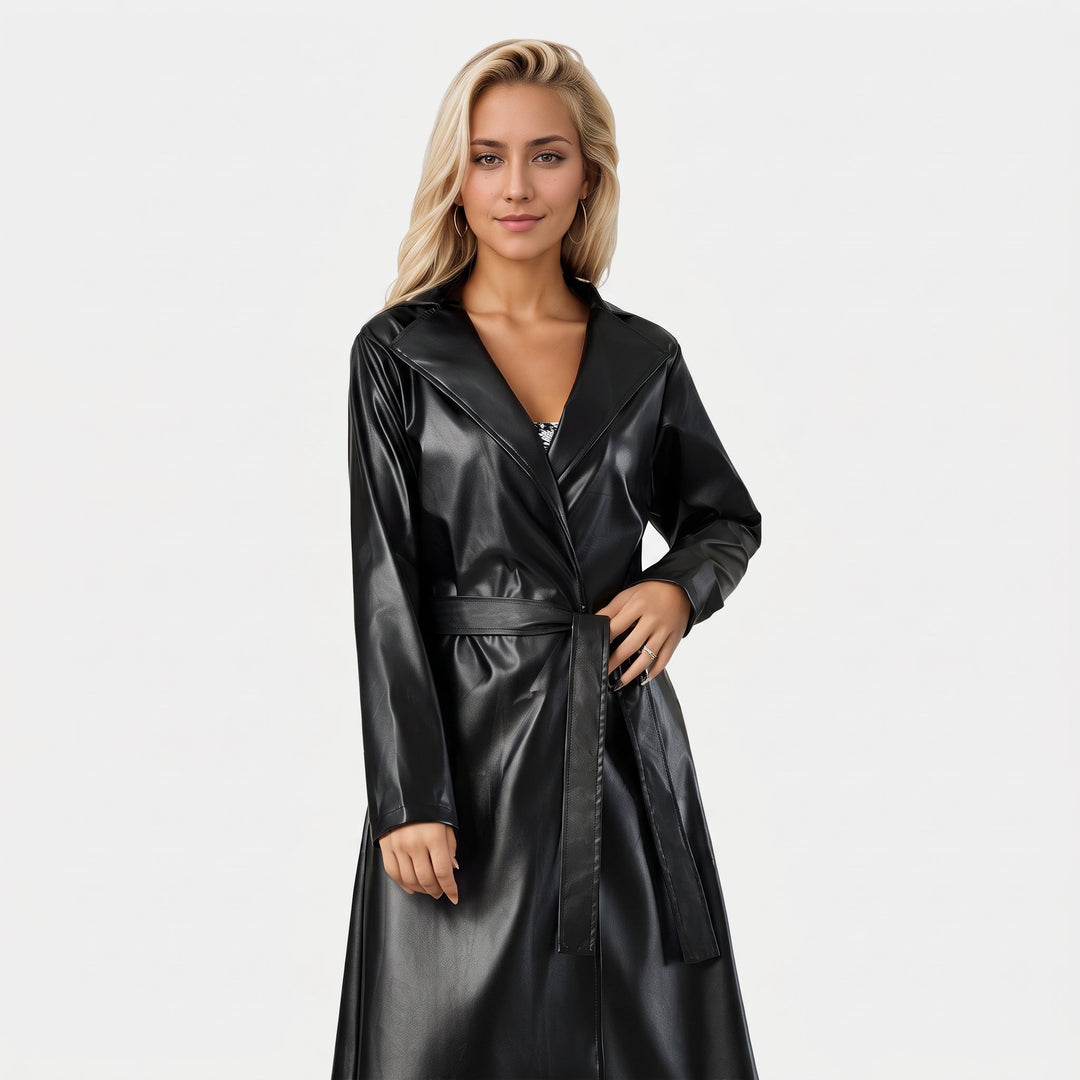 Women's Long Black Trench Coat, Faux Leather Notched Lapels