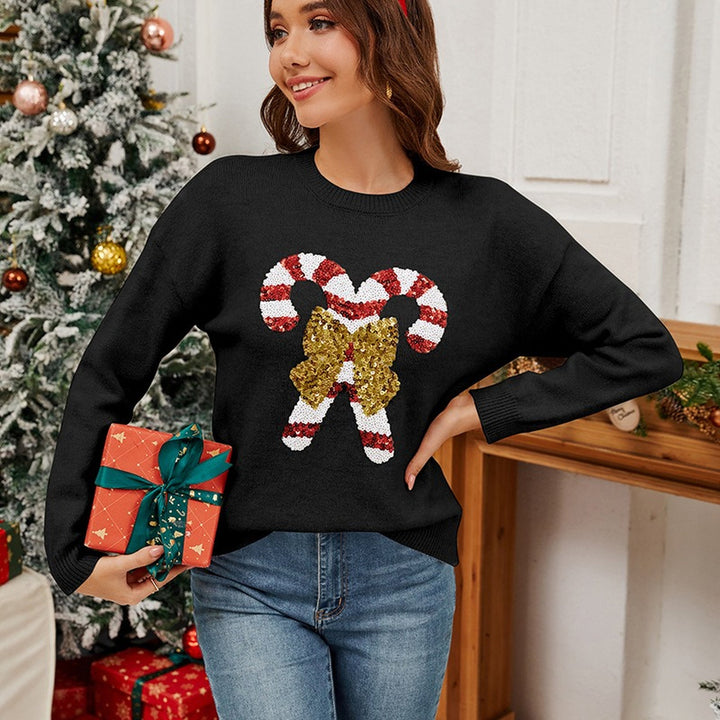 Women's Christmas Sweater, Knit Crew Neck Bow Sequin Candy Cane Pullover