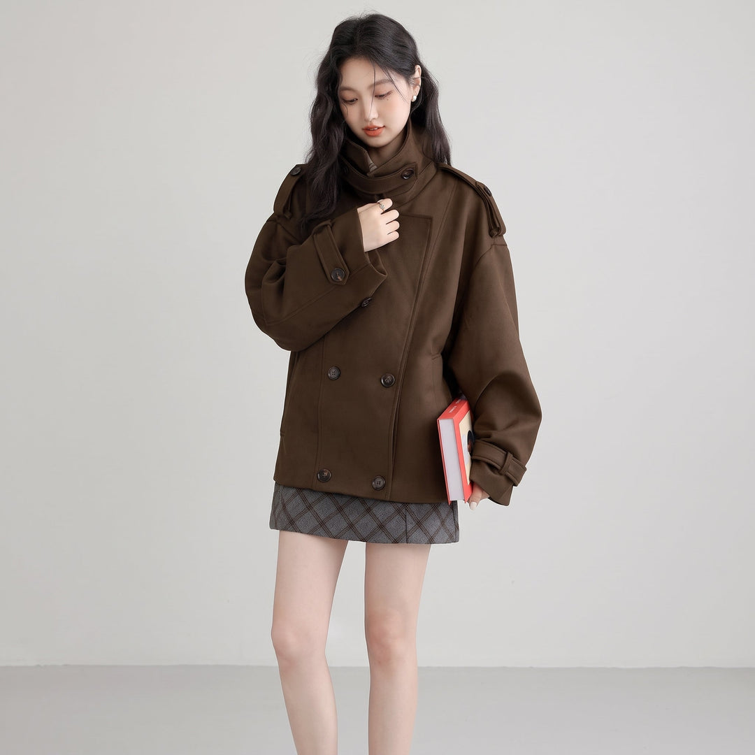 Women's Short Brown Peacoat, Double Breasted Oversized Epaulettes