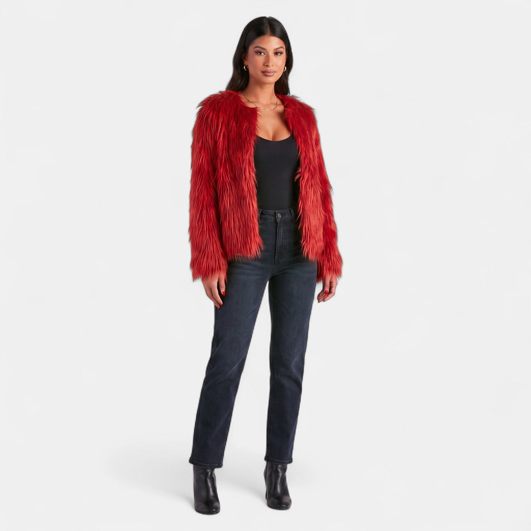 Women's Shaggy Faux Fur Coat, Collarless Open Front Hip Length