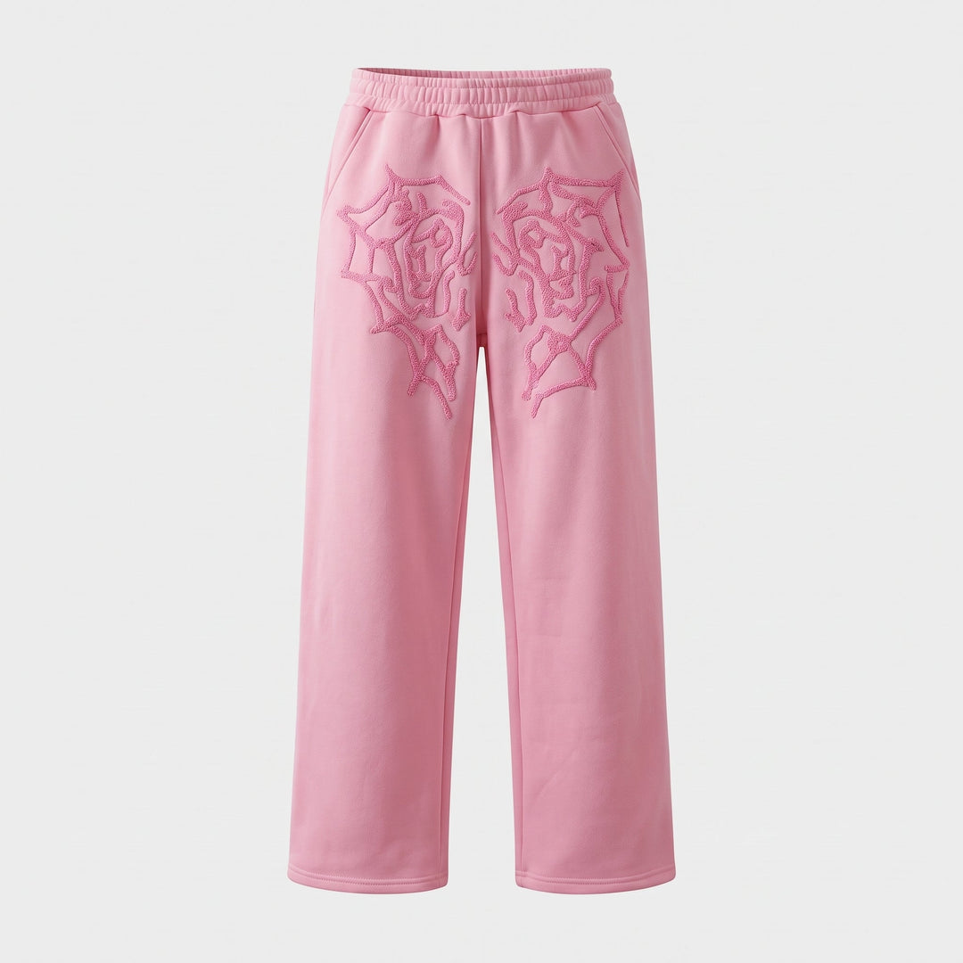 Women's Baggy Wide Leg Sweatpants, Tonal Rose Embroidery Ribbed Waist