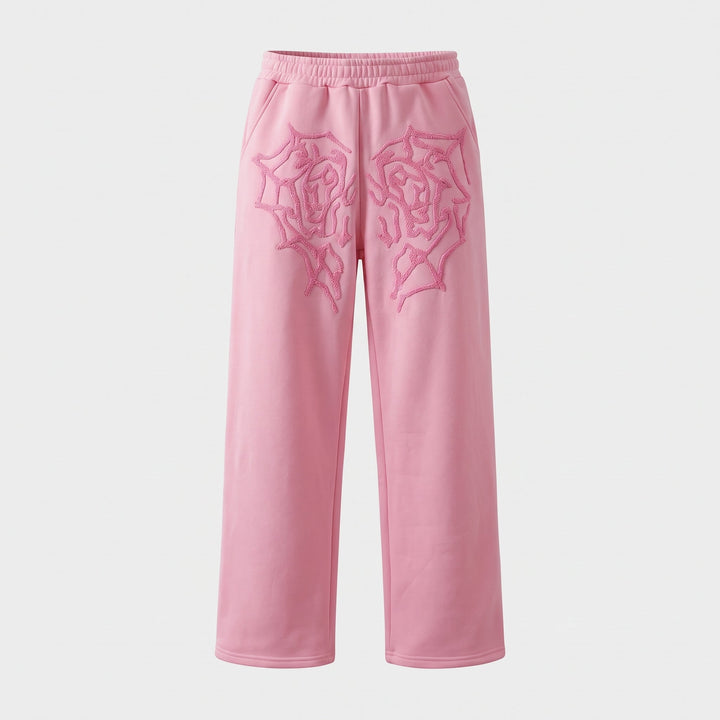 Women's Baggy Wide Leg Sweatpants, Tonal Rose Embroidery Ribbed Waist