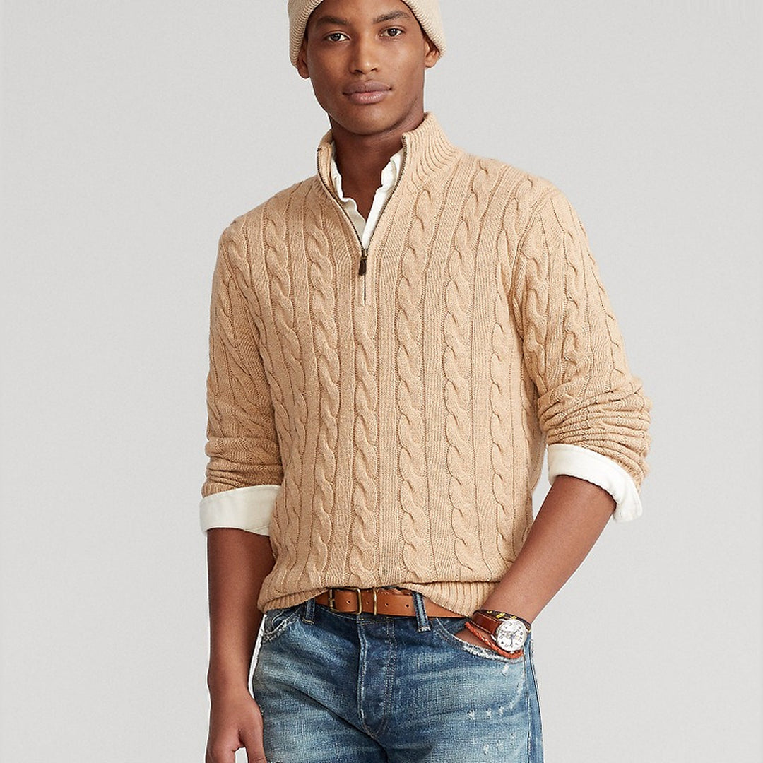 Men's Quarter Zip Sweater, Cable Knit Relaxed Pullover