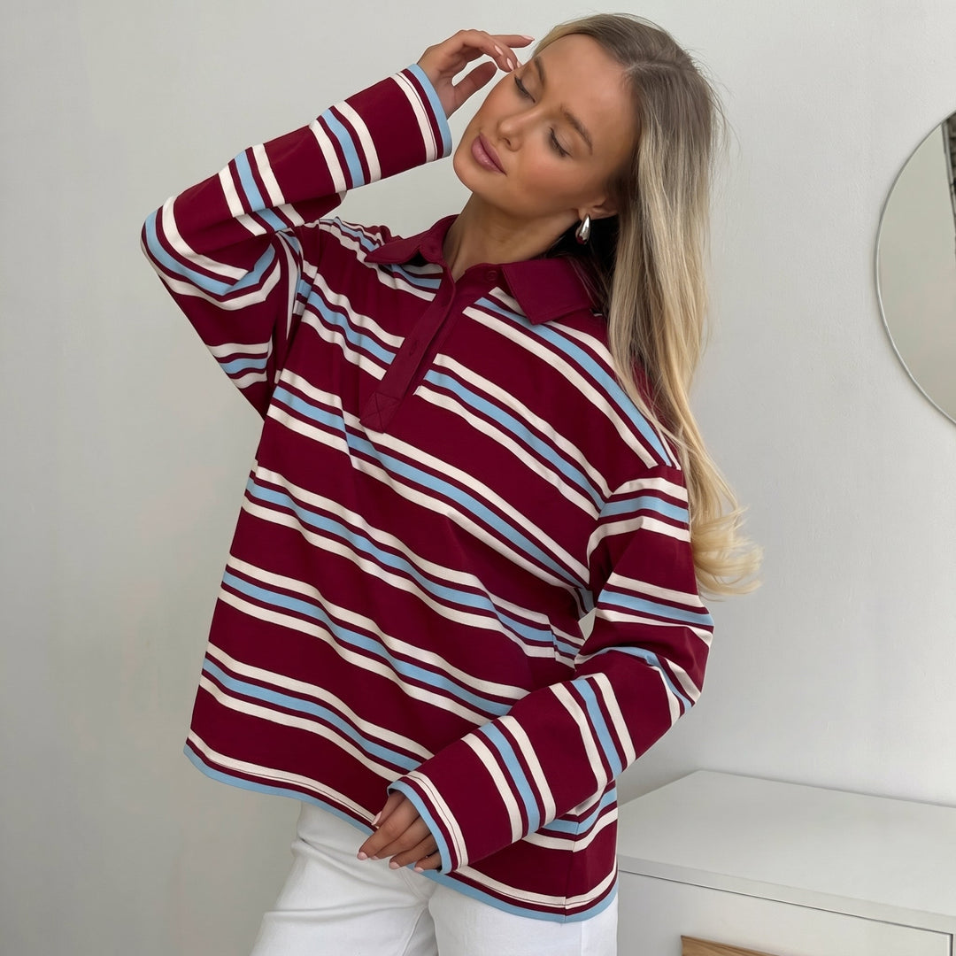 Women's Long Sleeve Polo Rugby Shirt, Button Placket Collared Drop Shoulder