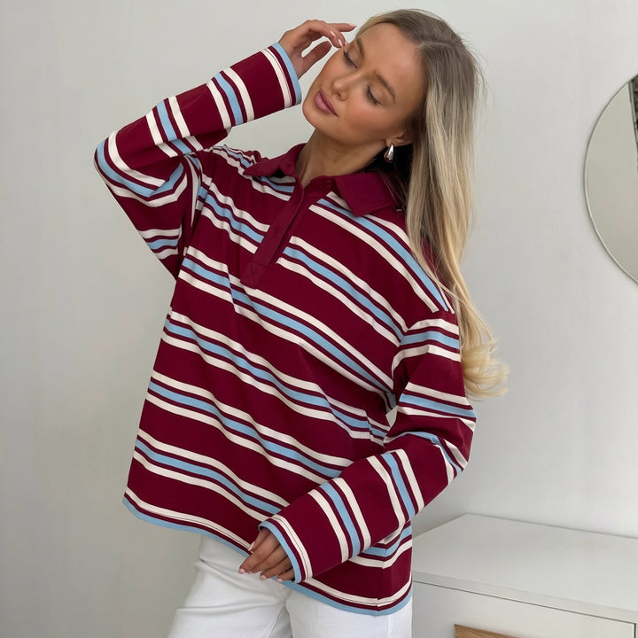 Women's Long Sleeve Polo Rugby Shirt, Button Placket Collared Drop Shoulder