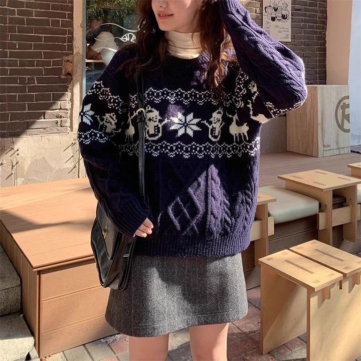 Women's Christmas Sweater, Knit Holiday Jacquard Relaxed Fit Pullover