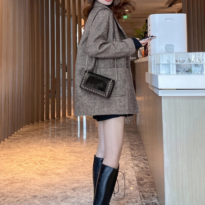 Women's Tailored Winter Peacoat, Herringbone Notched Lapel