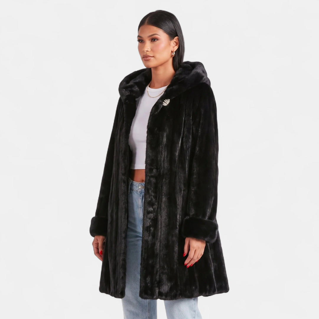 Women's Oversized Hooded Faux Fur Coat, Knee Length Open Front