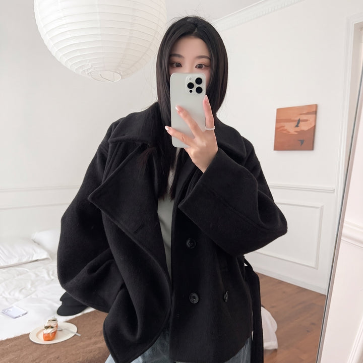 Women's Short Black Peacoat, Oversized Belted Wide Sleeves