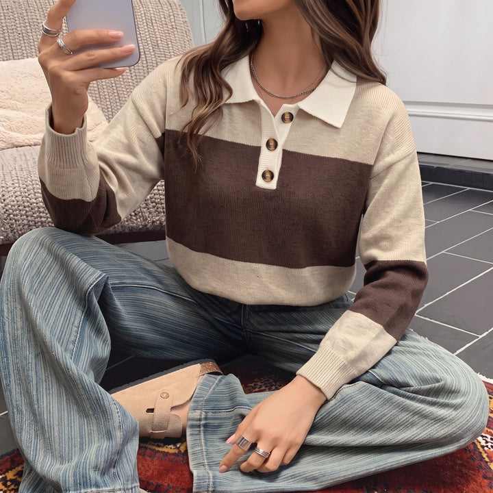 Women's Long Sleeve Polo Rugby Shirt, Knitted Collared Cafe