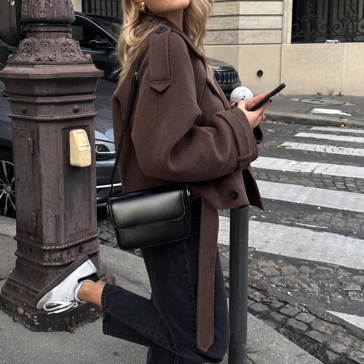Women's Peacoat, Short Brown Double Breasted Belted