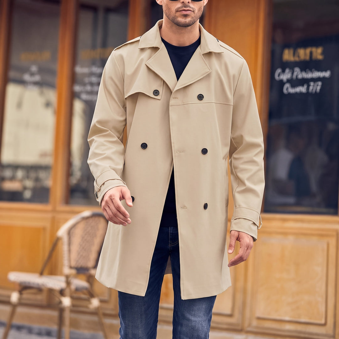 Men's Long Winter Trench Coat, Double Breasted Khaki Belted