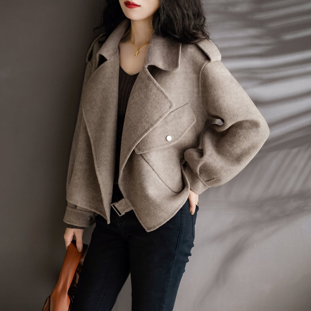 Women's Short Winter Peacoat, Oversized Taupe Wide Lapels