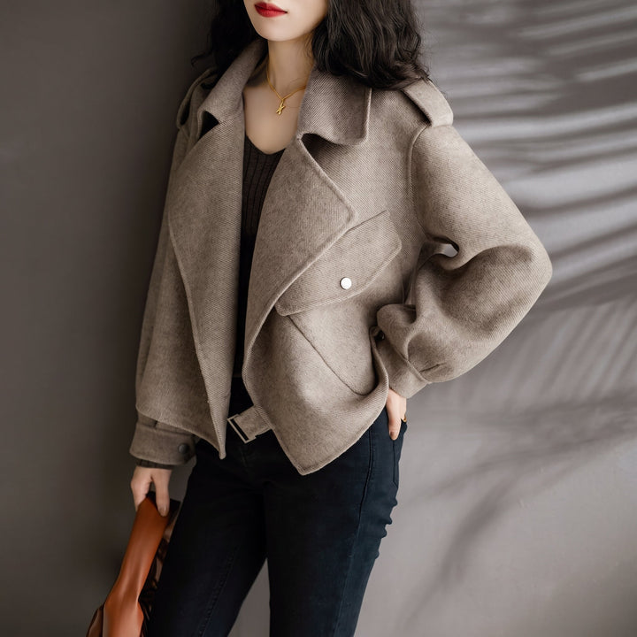 Women's Short Winter Peacoat, Oversized Taupe Wide Lapels