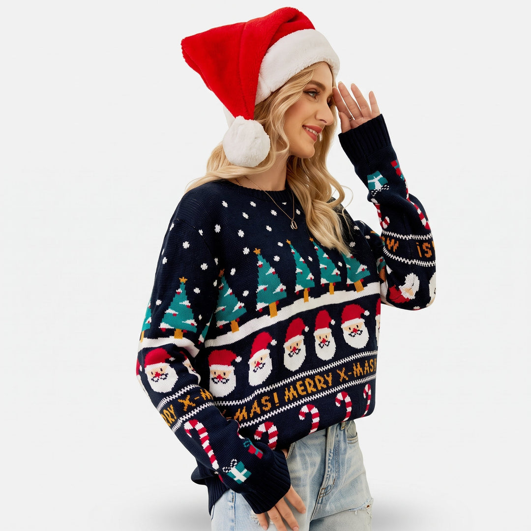 Women's Christmas Sweater, Blue Knit Tree Snowman Pullover