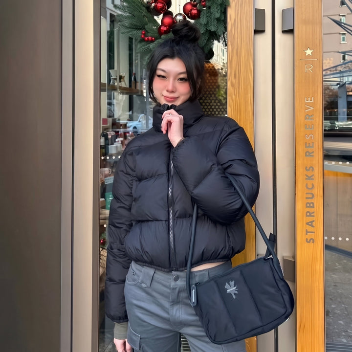 Women's Black Winter Puffer Jacket, Short Quilted Bubble Padded