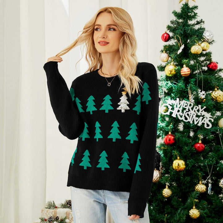 Women's Christmas Sweater, Knit Tree Jacquard Relaxed Fit Pullover