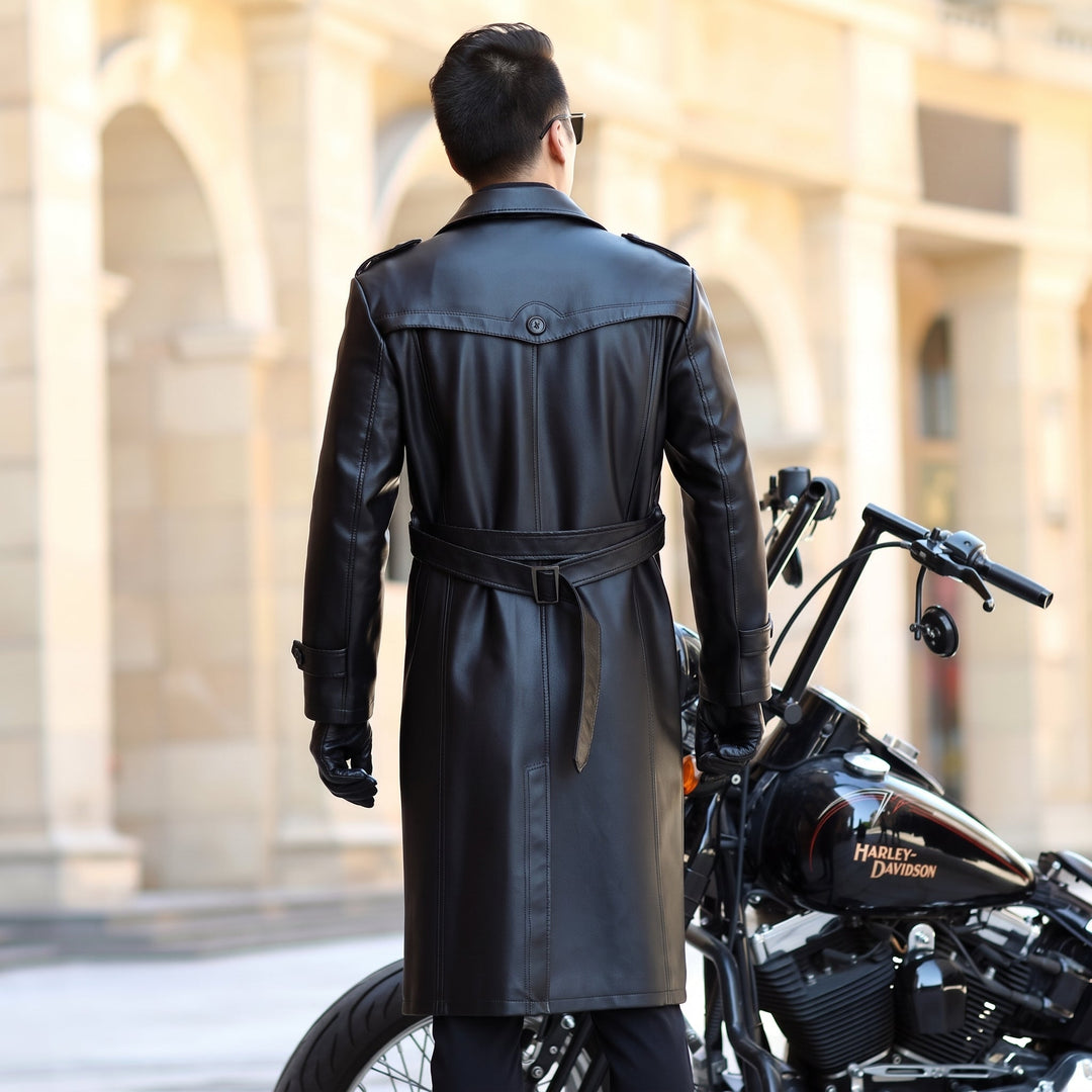Men's Long Black Trench Coat, Single Breasted Fitted Length Shiny