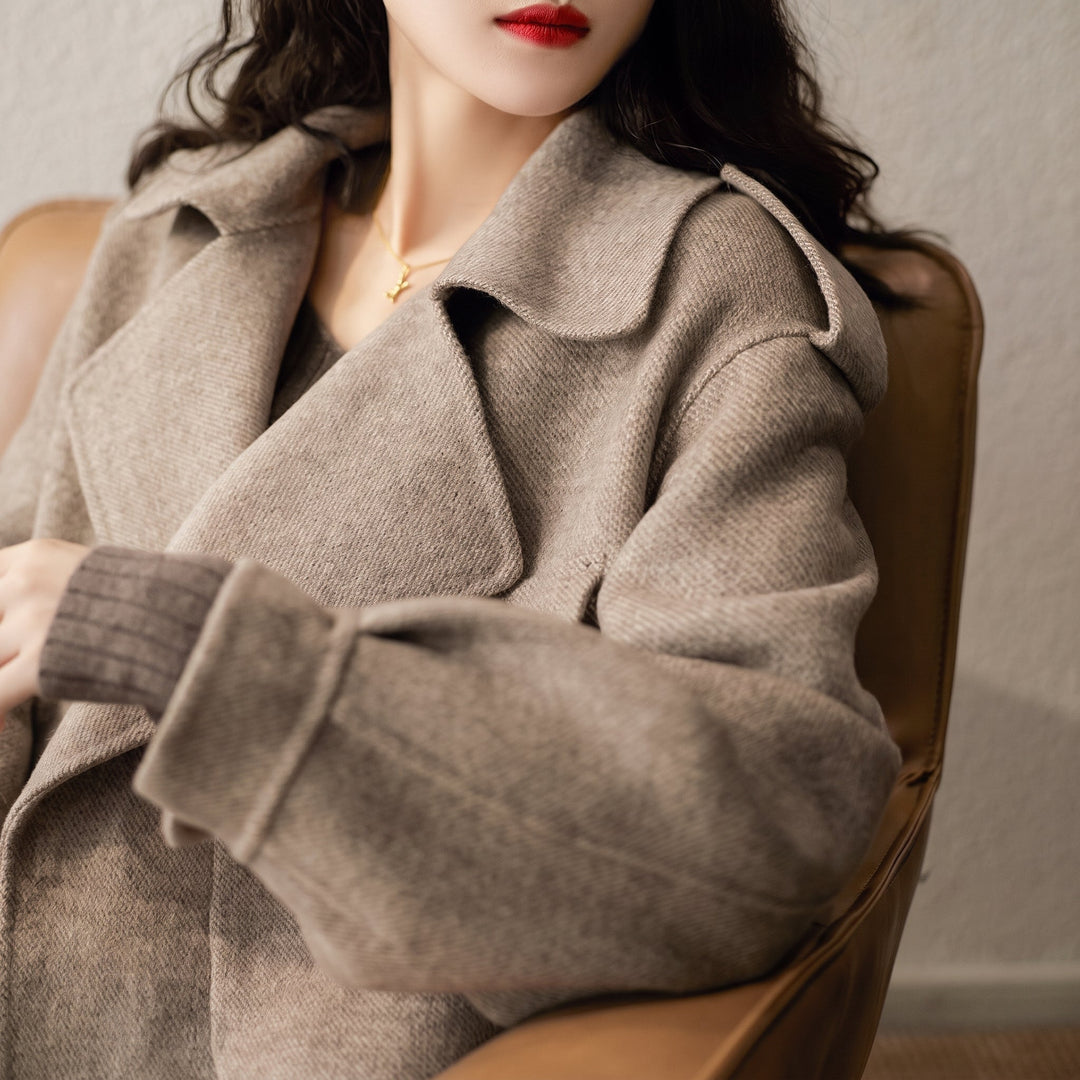 Women's Short Winter Peacoat, Oversized Taupe Wide Lapels