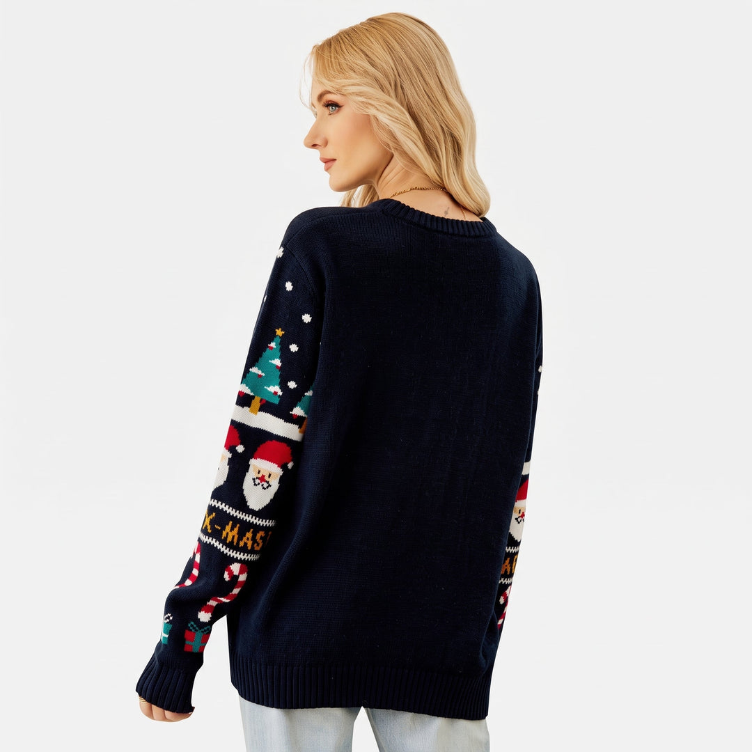 Women's Christmas Sweater, Blue Knit Tree Snowman Pullover