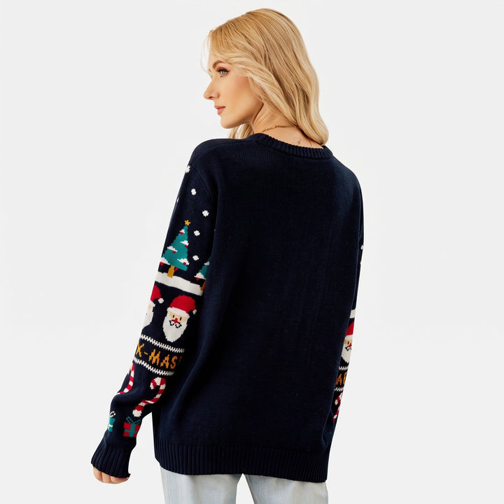 Women's Christmas Sweater, Blue Knit Tree Snowman Pullover