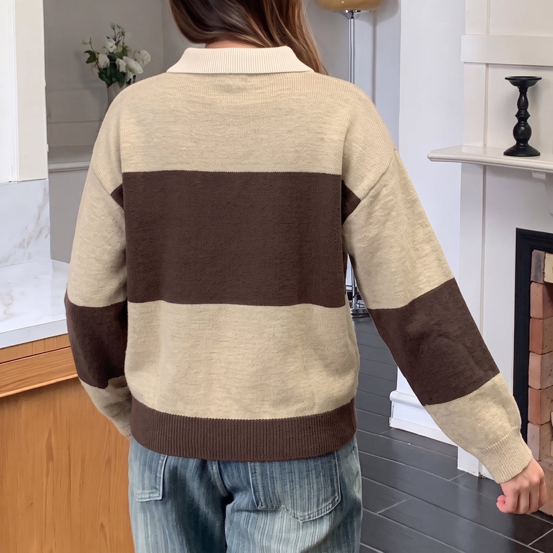 Women's Long Sleeve Polo Rugby Shirt, Knitted Collared Cafe